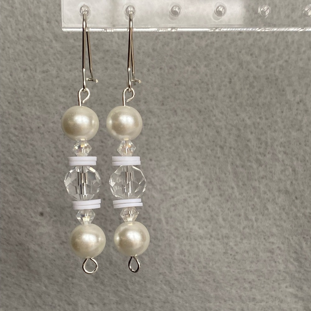 Hand crafted clear, and white faux‎ pearl long dangle earrings